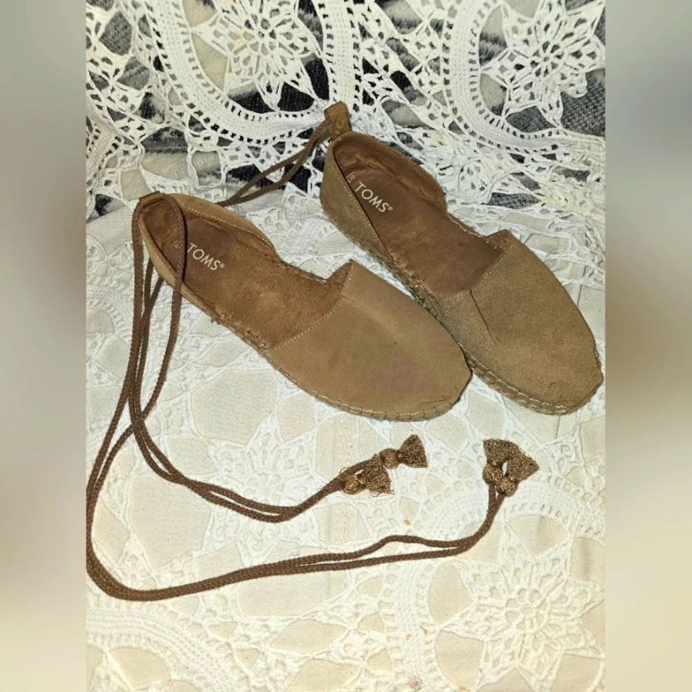 Toms, Katalina Toffee Suede Wrap Ankle Espadrilles, Womens Boho Shoes W 10
